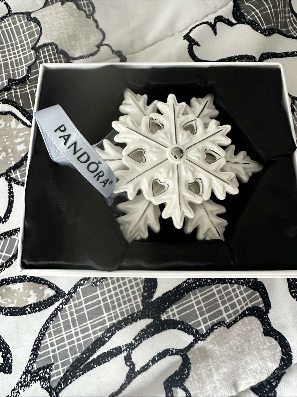 Pandora White Porcelain Snowflake Ornament with Branded Ribbon